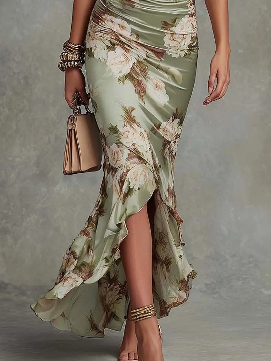 Anastasia | Lang kjole i satin med blomsterprint Charlotte Odense
