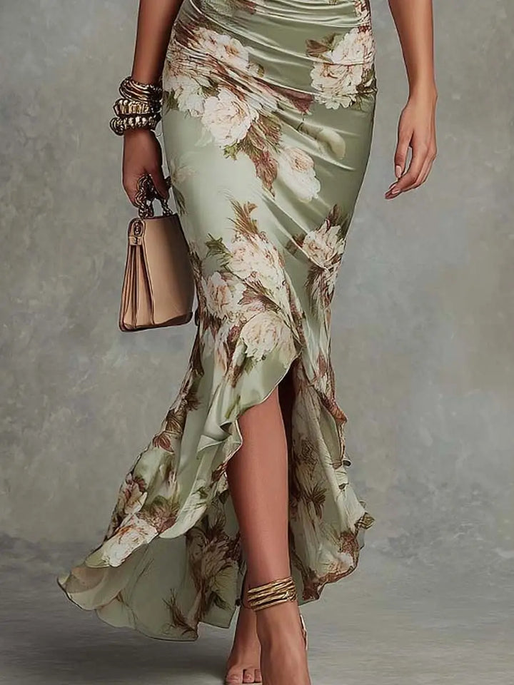 Anastasia | Lang kjole i satin med blomsterprint Charlotte Odense