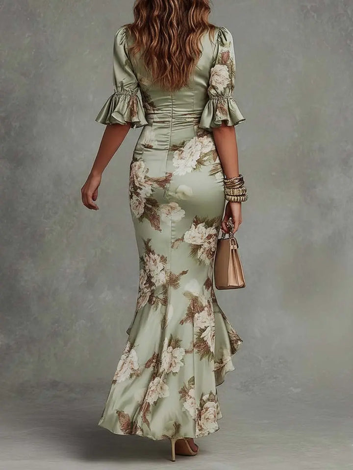 Anastasia | Lang kjole i satin med blomsterprint Charlotte Odense